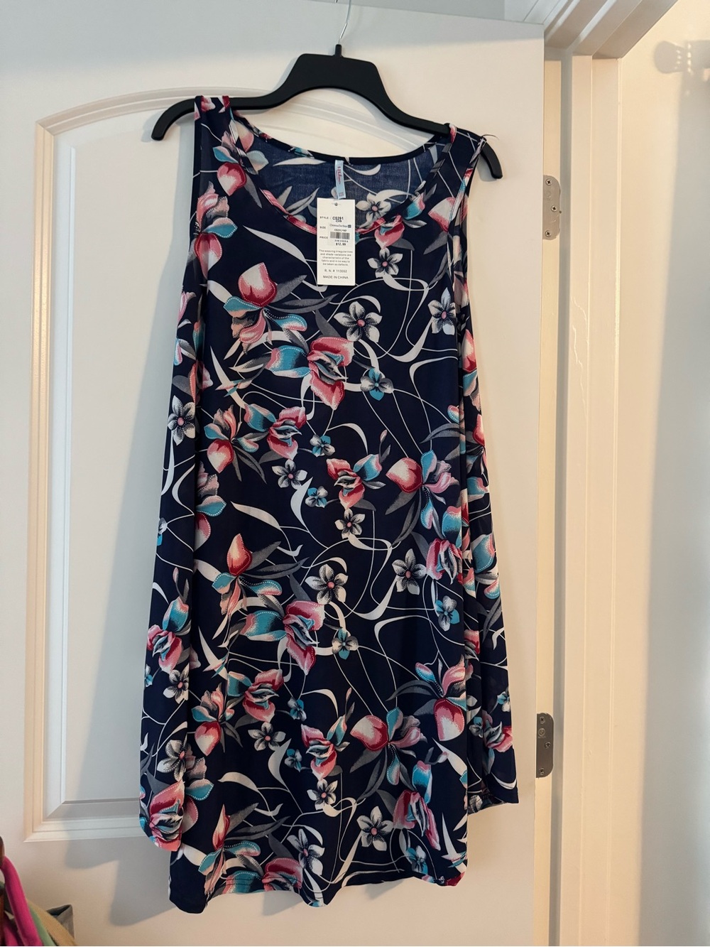Navy Floral Sleeveless Swim Coverup Tunic with Pink & Teal Accents
